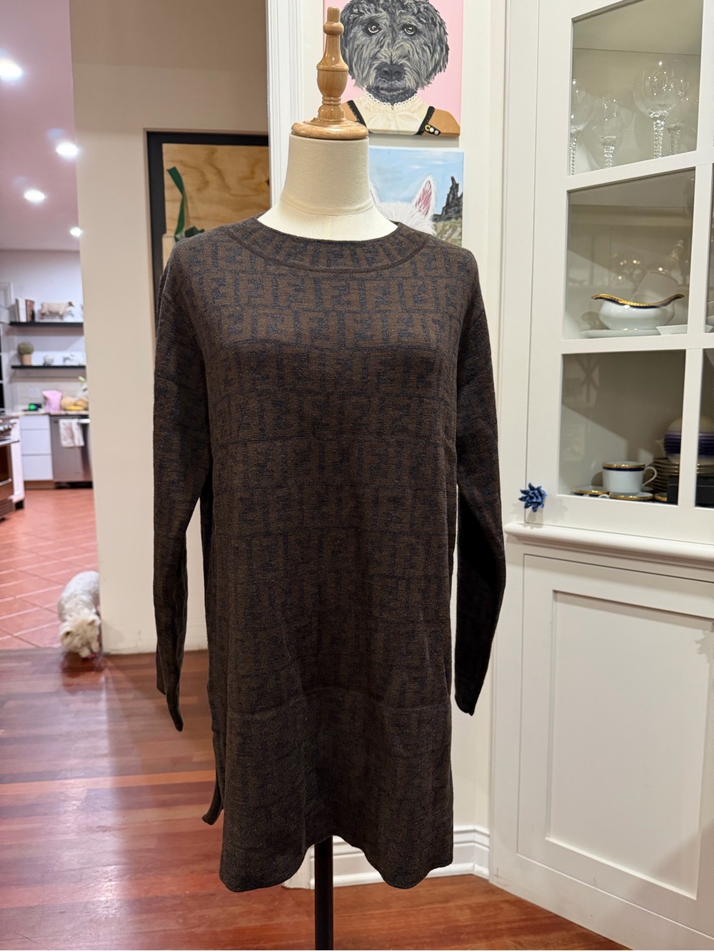 Fendi Dark Brown Monogram Knit Long-Sleeve Dress - Picture 7 of 8